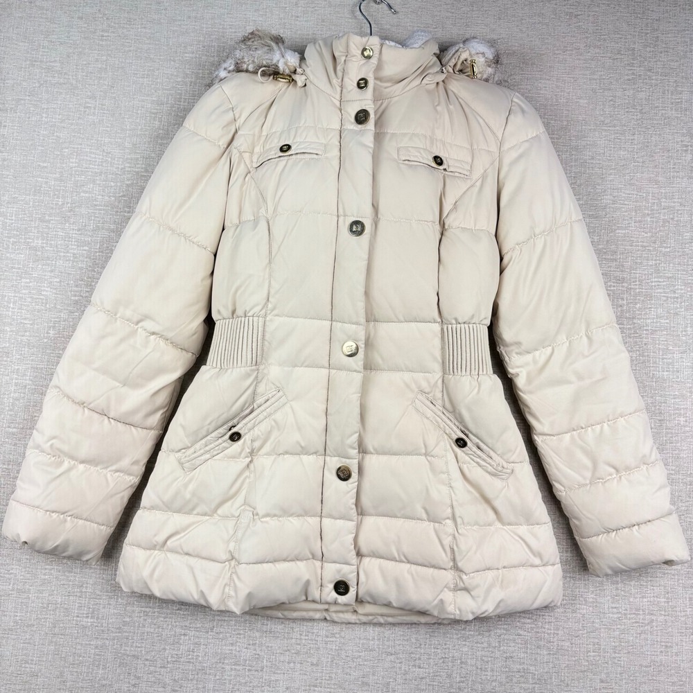 Laundry by Design Women's Medium Cream Puffer Jacket Faux Fur Trim Hooded Coat